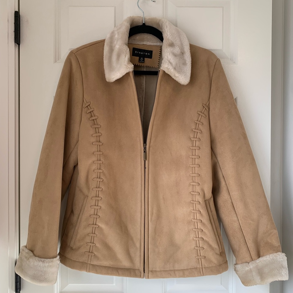 Y2K Braetan Coat Women's Faux Suede Fur Lined Pockets Tan Zip Penny Lane Sz M - Picture 15 of 15